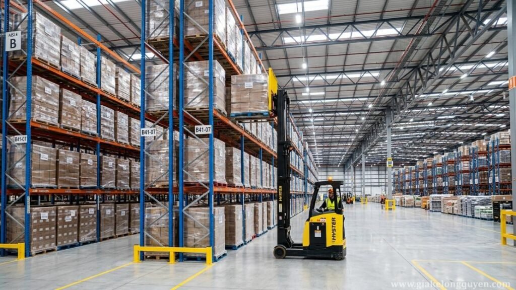 Reach truck vận hành trong lối đi giữa hai dãy kệ pallet Selective cao