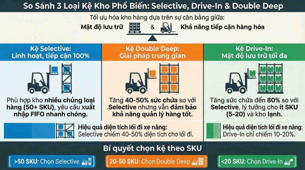 So sánh kệ selective, drive-in và double deep để tăng sức chứa kho