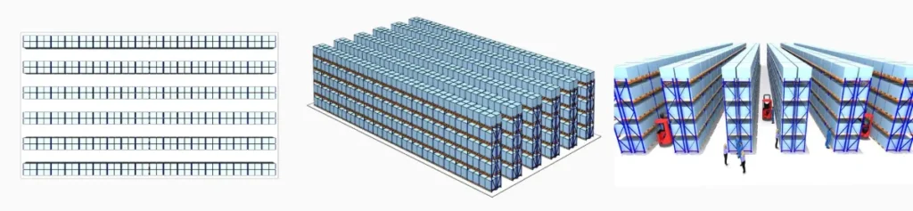 Bản vẽ mặt bằng 2D và mô hình 3D bố trí các dãy kệ pallet trong kho
