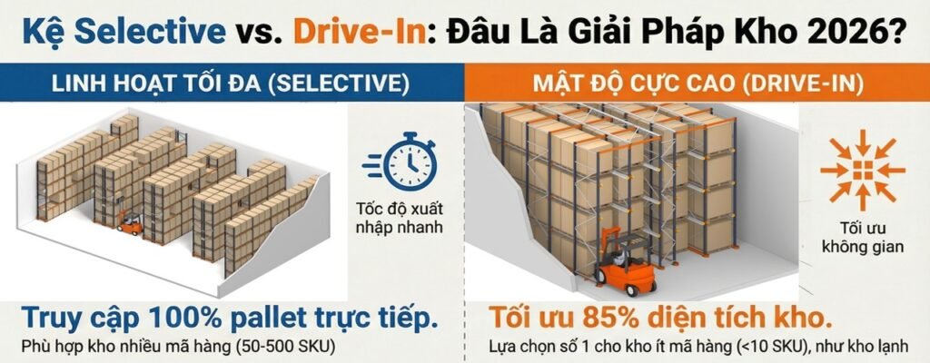 So sánh kệ selective và drive-in trong chương trình an toàn kệ kho